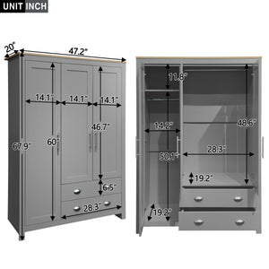 English Elm Three Door Pine Wardrobe with Two Drawers & Dual Hanging Rods, Gray Storage Armoire for Closet Organization, Sturdy MDF Build GX001834AAE