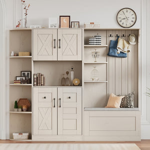 English Elm Multifunctional Modular Hall Tree Cabinet with Open Shelves and Hooks for Entryway Beige W1580S00565