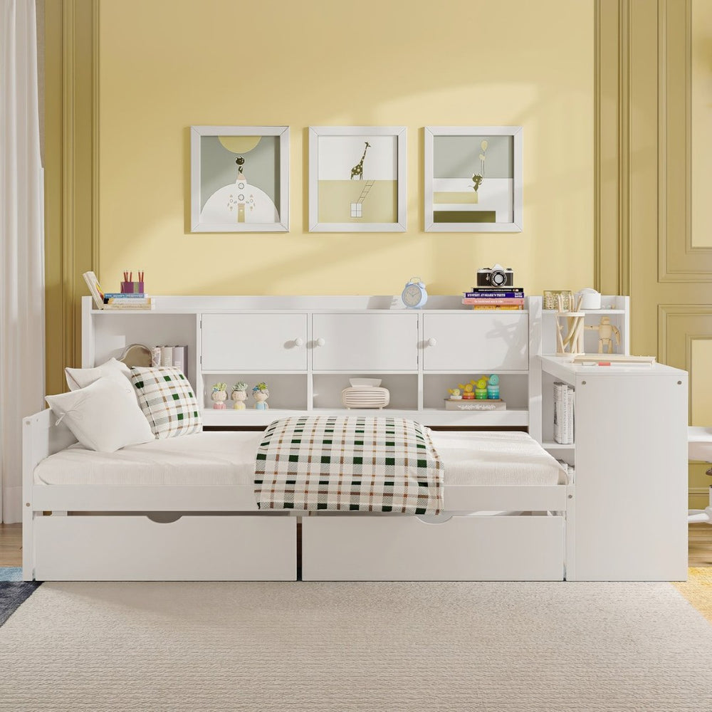 English Elm Wooden L-shape Twin Daybed with Desk Bookshelf and Nine Storage Compartments N733S351668K
