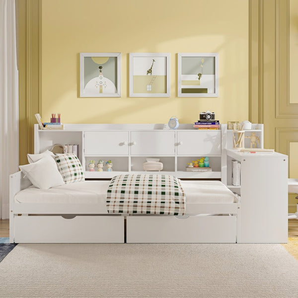 English Elm Wooden L-shape Twin Daybed with Desk Bookshelf and Nine Storage Compartments N733S351668K