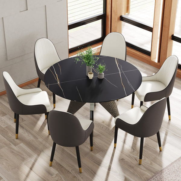 English Elm 53" Round Marble Dining Table For 6 - Elegant Silver Base, Sintered Stone Top, Modern Design W1535S00387