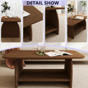English Elm Modern 47" minimalist coffee table with double-tier storage, rounded safety edges, MDF wood finish, anti-slip pads, easy assembly, versatile décor piece W1727P356443