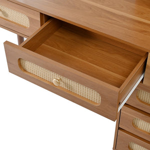 English Elm 47''Vintage Elegant Makeup Vanity with Lights and Mirror, 5-Drawer Rattan Design, Solid Wood Craftsmanship Walnut 46 L x 27 W x 8 H N733P337468M