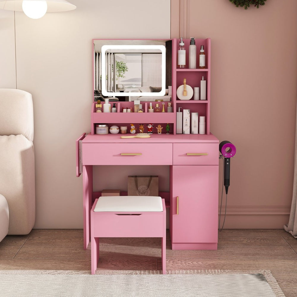 English Elm Vanity Desk with Led Mirror Power Station 3 Drawers Shelves and Makeup Stool W2700P342539