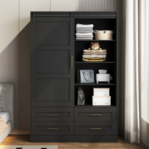 English Elm Tall Farmhouse Wardrobe Armoire with Sliding Barn Doors Drawers and Hanging Rod W1321S00045