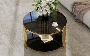 English Elm Modern Round Coffee Table Black Tempered Glass Top Gold Drum Base Living Room Glam N735P177478B