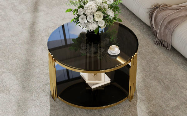 English Elm Modern Round Coffee Table Black Tempered Glass Top Gold Drum Base Living Room Glam N735P177478B