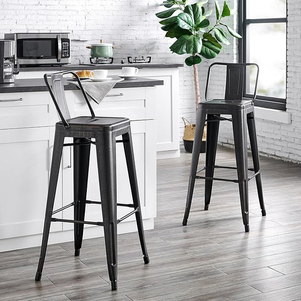 English Elm Modern Lightweight Metal Barstools Set Of 2 – Distressed Black Bucket Back Design For Stylish Comfort B347P349388