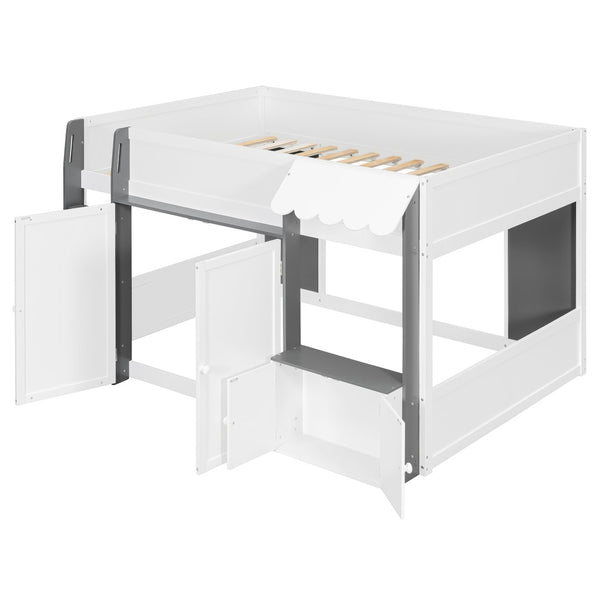 English Elm Twin House Loft Bed with Pull Out Rolling Desk Stair Drawers and Cabinet Storage White+Gray N820S00074E