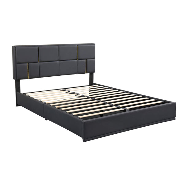 English Elm 2-Pieces Queen Upholstered Platform Bed with Hydraulic Lift and Spacious Storage Ottoman, Elegant Gold Trim Black 50 L x 16 W x 13 H N733S207778B