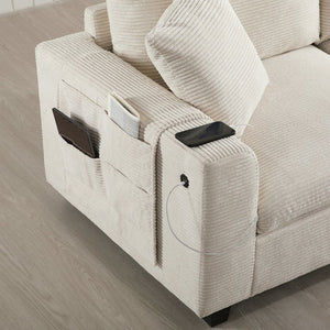 English Elm 139'' U-shaped Corduroy Sectional with Ottoman Console Usb Port and Cup Holders for Living Beige N723S1166A