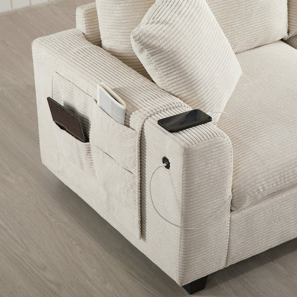 English Elm 139'' U-shaped Corduroy Sectional with Ottoman Console Usb Port and Cup Holders for Living Beige N723S1166A