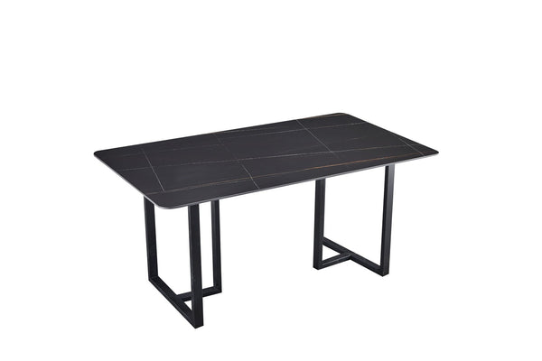 English Elm Carbon Steel Dining Table with Stone Top and Matte Black Frame for Modern Rooms W1002S00002