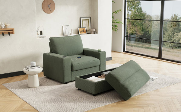 English Elm Christopher Knight Home® - 42.8" Oversized Chaise Lounge with Storage Ottoman, Corduroy Upholstery, USB Port & Cup Holders for Cozy Living Space Green N765P350851N