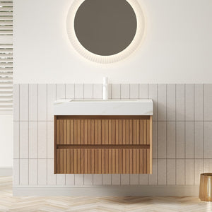 English Elm Tilley 30" Wall-Mounted Bathroom Vanity With Calacatta Gold Top, Soft-Close Drawers, Brown Oak Finish W2615S00314-GIGA