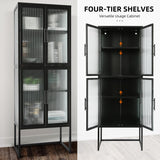 English Elm Stylish 4-Door Tempered Glass Cabinet With 4 Glass Doors Adjustable Shelves U-Shaped Leg Anti-Tip Dust-Free Fluted Glass Kitchen Credenza Black