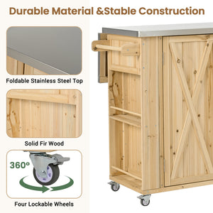 English Elm Outdoor Kitchen Island Solid Fir Wood with Foldable Stainless Top, Ample Storage, Wheels, Opener Natural Wood N719P246553Y
