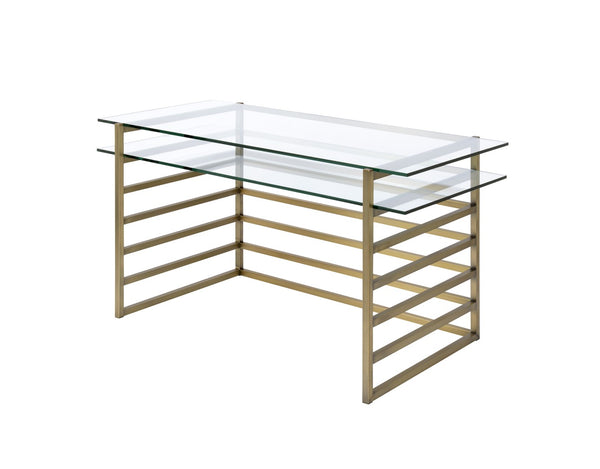 English Elm Shona Tempered Glass Writing Desk with Antique Brass Sled Base for Modern Offices B2726P457136
