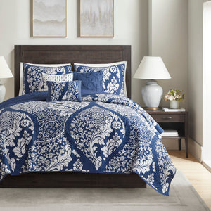 English Elm 6 Madison Park Vienna Reversible Cotton Quilt Set with Damask Print, Flange Edge & Embroidered Pillows Indigo 17.72 L x 15.75 W x 13.5 H B03597521