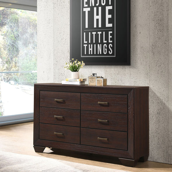English Elm Harrison Mid-Century 6-Drawer Dresser in Dark Cocoa Finish with Tapered Legs, Sleek Black-Trim Accents Dark Brown B062P378457