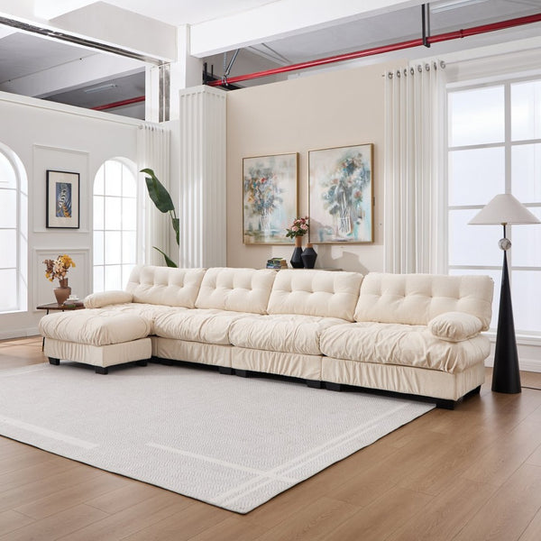 English Elm Modular Cloud Sofa Deep Seat Flannelette Sectional with Round Armrests for Living Room Beige W2120S00049