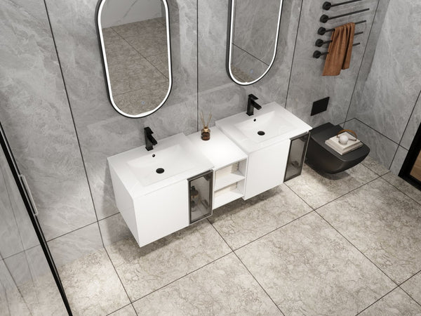 English Elm 60" Floating Double Sink Bathroom Vanity Glossy White Plywood with Frosted Glass Doors W999S00532