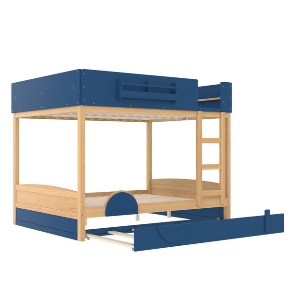 English Elm Queen Bunk Bed with Trundle Solid Pine Kids Car Themed Frame Built-in Bookshelf Blue,Natural W1580S00447