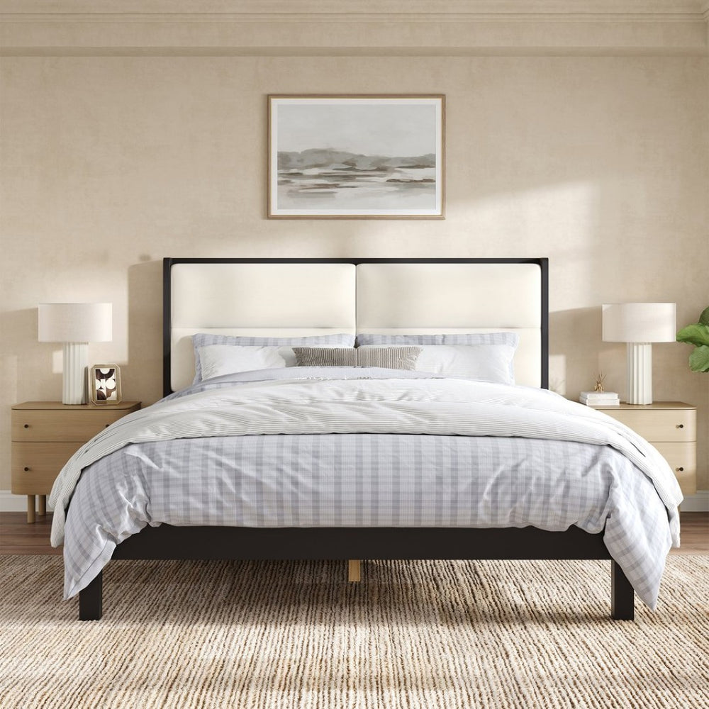 English Elm Solid Wood Queen Platform Bed Velvet Tufted Headboard Architectural Slat Design Black N7090000742B