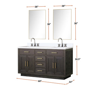 English Elm Brown Oak Double Bath Vanity With White Quartz Top, Chrome Faucets & Two Mirrors For Modern Style B2731S01794