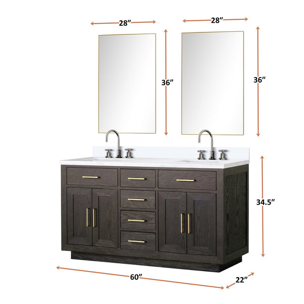 English Elm Brown Oak Double Bath Vanity With White Quartz Top, Chrome Faucets & Two Mirrors For Modern Style B2731S01794