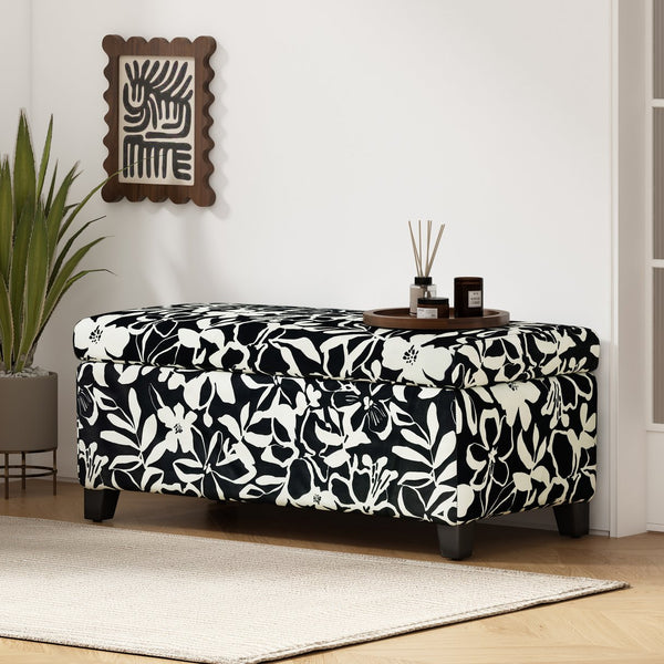 English Elm Christopher Knight Home® - Luxury Storage Ottoman with Floral Patterned Fabric, Soft-Close Hinges, Hidden Compartment for Blankets and Seating Comfort Black Floral,White N767P257582W