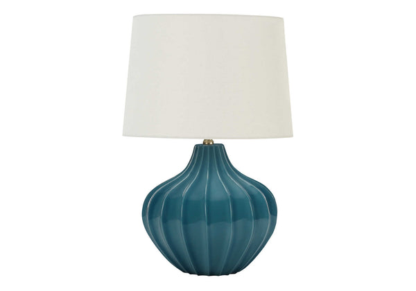English Elm Lighting, Curved Ceramic Table Lamp with Ivory Linen Shade and Gold Finial, 24" Height, Transitional Blue 17 L x 17 W x 15 H B2710P220078