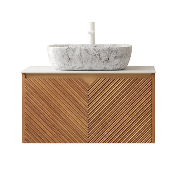 English Elm Muri Floating Bathroom Vanity Plywood Cabinet Sintered Stone Top Oak Drawer W2615S00529