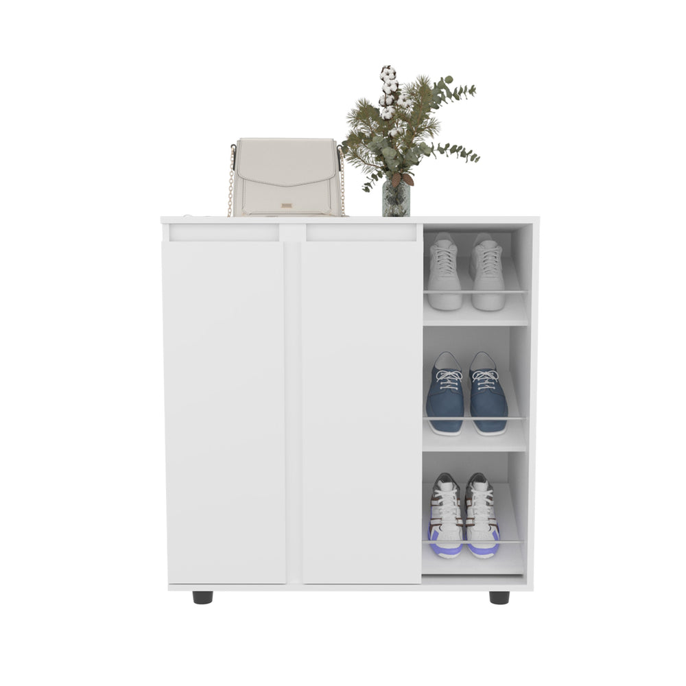 English Elm Gitano Freestanding Shoe Cabinet with 2 Doors, 8 Enclosed & 3 Open Side Shelves, White, Scratch-Resistant Surface B128P375278