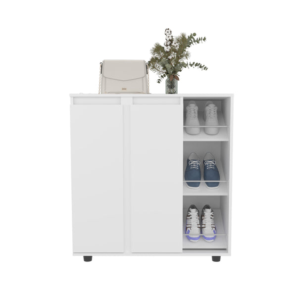 English Elm Gitano Freestanding Shoe Cabinet with 2 Doors, 8 Enclosed & 3 Open Side Shelves, White, Scratch-Resistant Surface B128P375278