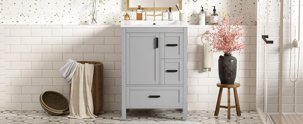 English Elm Modern 24 Inch Bathroom Vanity Solid Wood Cabinet with Ceramic Sink and Soft Close Storage Gray N729P292859E