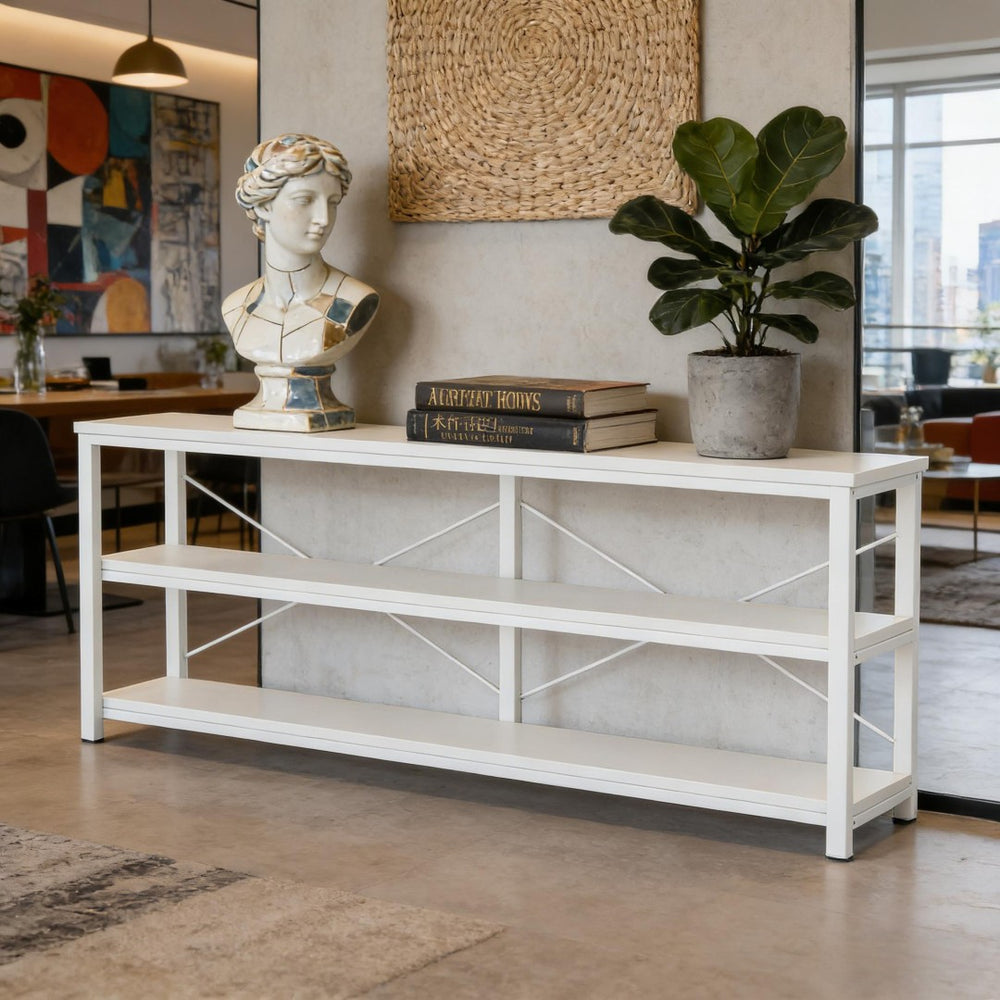 English Elm Display Shelf Extra Long Console Table with Three Open Tiers and Industrial X Frame T3971P453174