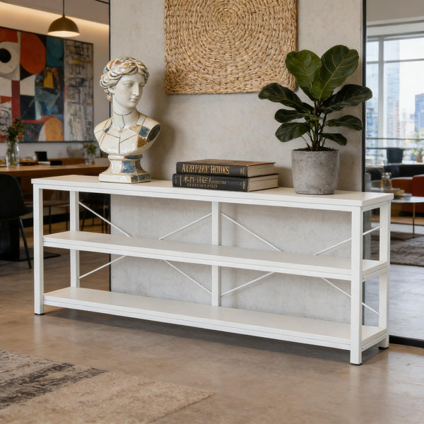 English Elm Display Shelf Extra Long Console Table with Three Open Tiers and Industrial X Frame T3971P453174