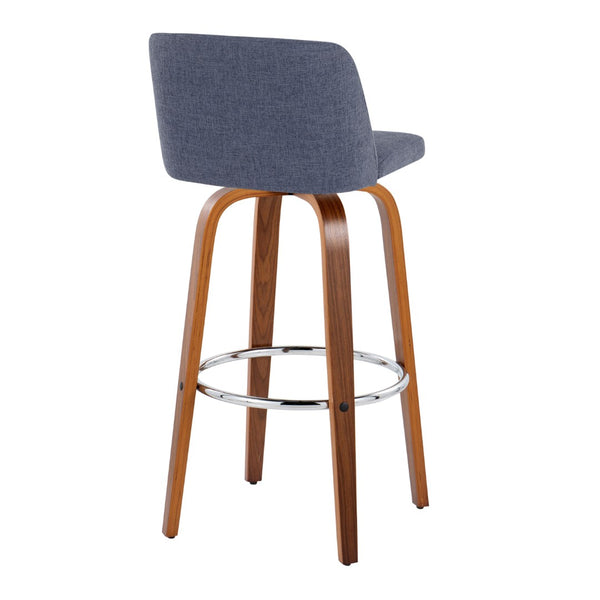 English Elm Toriano 30" Mid-Century Modern Barstool Set Of 2: Stylish Blue Fabric & Walnut Wood With Chrome Footrest B202S00673-GIGA
