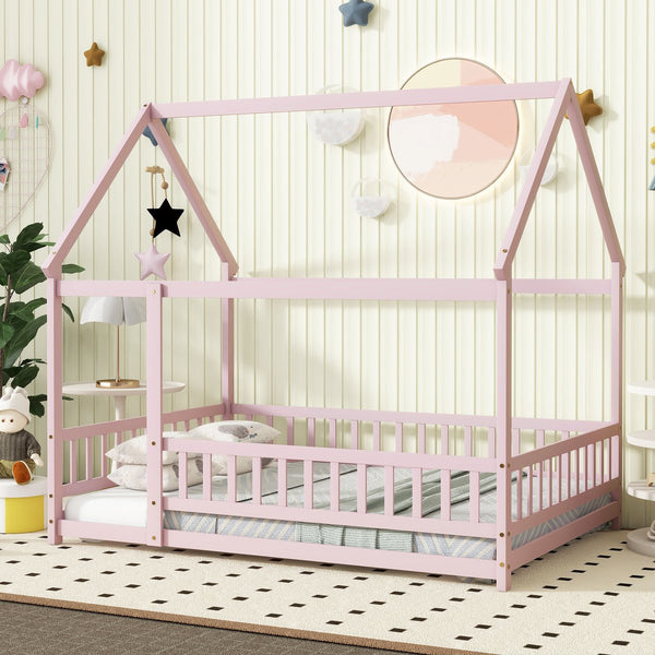 English Elm Full Size House Floor Bed With Roof Frame & Guardrails - Cozy Pink Wooden Design For Kids W504P286410