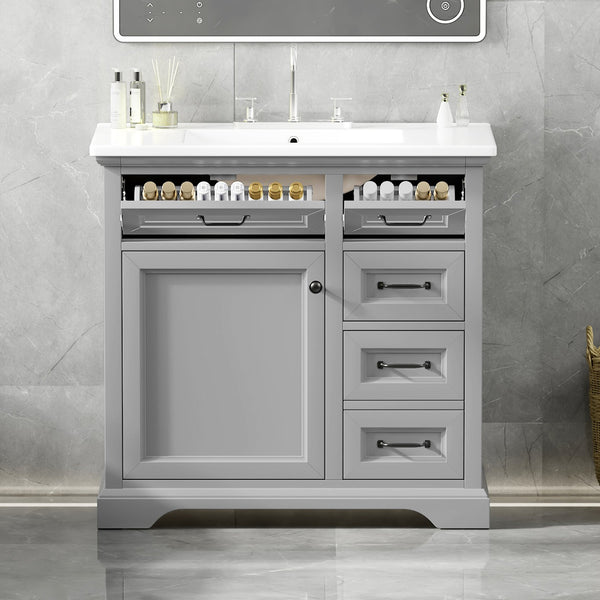 English Elm Christopher Knight Home® - 30" Bathroom Vanity with Sink Vintage Acacia Frame Ceramic Basin Soft-Close Doors & Storage Light Gray N759P313315E