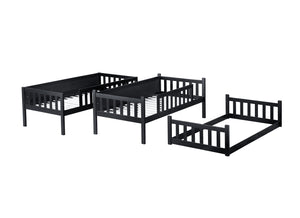 English Elm Twin Triple Rubberwood Bunk Bed with Ladders & Guardrails, Space-Saving Modular Design for Families Black W504S00173