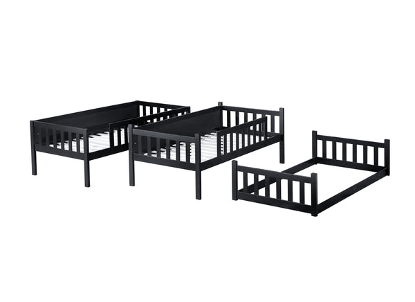 English Elm Twin Triple Rubberwood Bunk Bed with Ladders & Guardrails, Space-Saving Modular Design for Families Black W504S00173