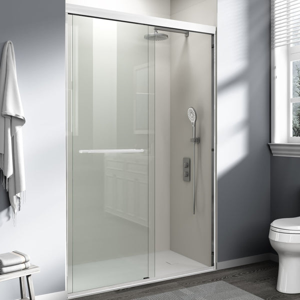 English Elm 44" Semi-frameless Double Sliding Shower Door Brushed Gold Tempered Glass Walk-in White W1920P385296