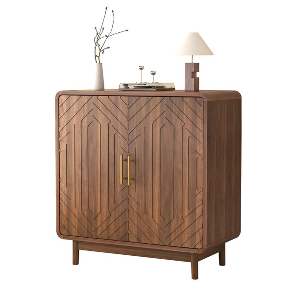 English Elm Walnut-finish Carved Sideboard Buffet Cabinet with Adjustable Shelves and Gold Handles W5389P463605