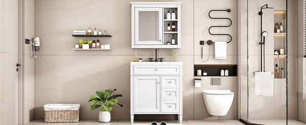English Elm 30'' Bathroom Vanity Set With Sink, Modern Storage Cabinet, Mirror & 3 Drawers For Efficient Organization SW000127AAK-3