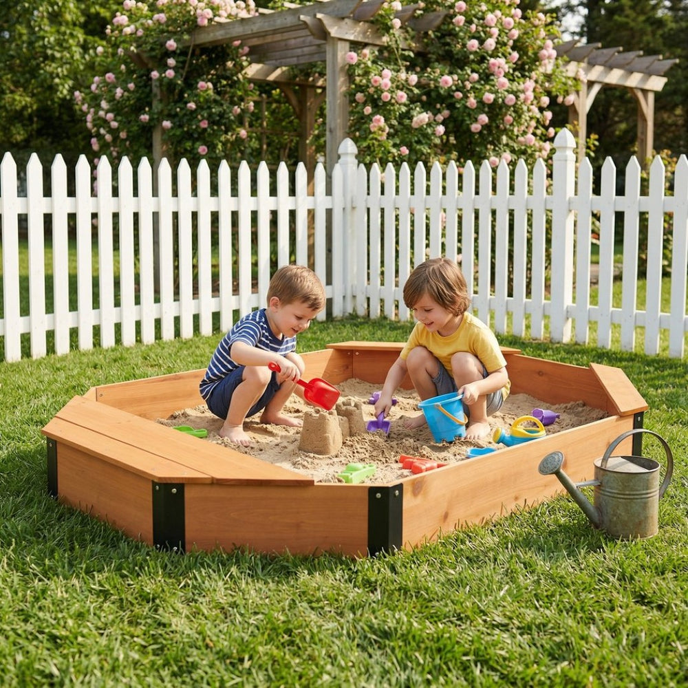 English Elm Octagon Solid Wood Sandbox with Built-in Bench Seating Cover and Liner for Backyard Play Reddish Brown W2640P470151