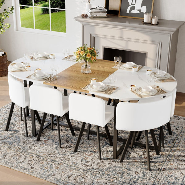 English Elm 9-piece Oval Dining Set Seats 8 with Faux Marble Wood Top and Pu Leather Chairs W3875S00152