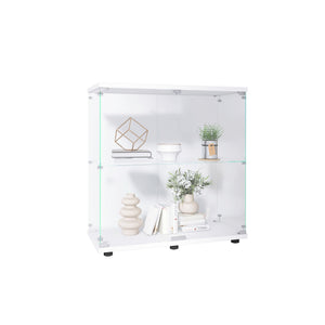 English Elm 2 Layer Glass Display Cabinet – Elegant Curio Showcase With Lock, Tempered Glass & Mdf Base For Collectibles W1510P303172