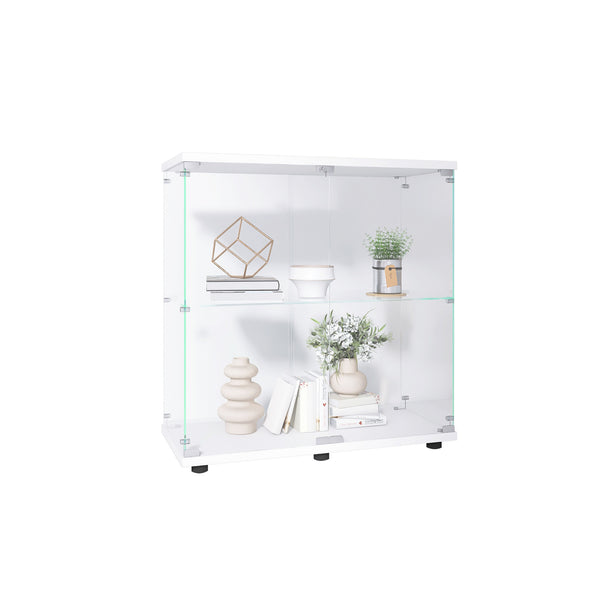 English Elm 2 Layer Glass Display Cabinet – Elegant Curio Showcase With Lock, Tempered Glass & Mdf Base For Collectibles W1510P303172